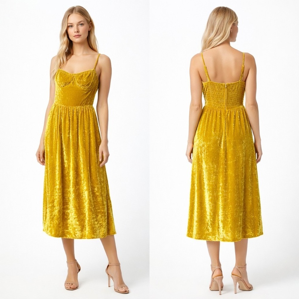 Reformation Inessa Midi Dress 10 Gold Velvet Silk Rayon Slip Strappy Smocked
